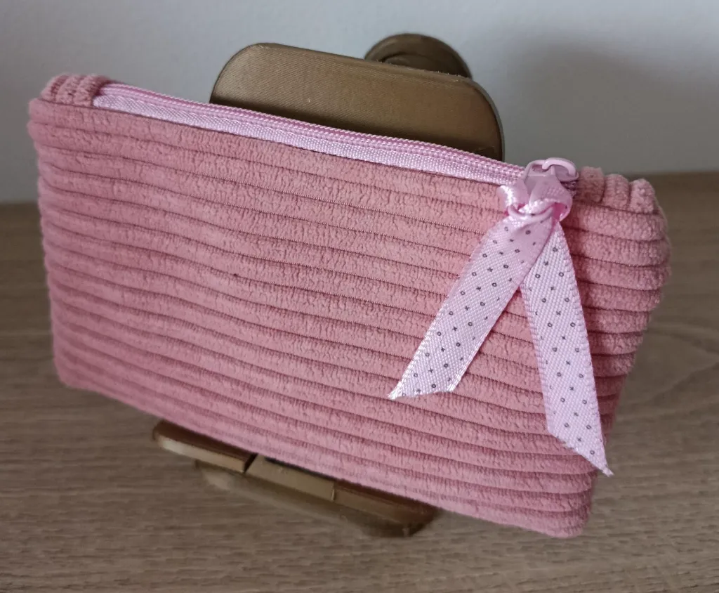 Porte monnaie velours - Vieux rose ruban rose clair.webp